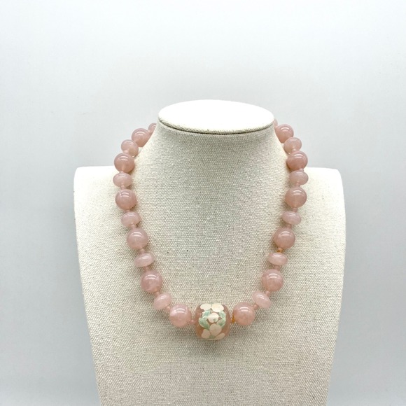 Hand Painted‎ Beaded Necklace Pink Rose Quartz Statement Floral Bead Jewelry - Picture 1 of 6